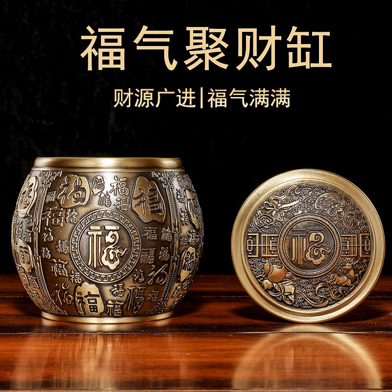 Brass Baifu cornucopia tea can with lid rice jar office small ornaments study decoration opening gift