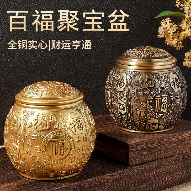 Brass Baifu cornucopia tea can with lid rice jar office small ornaments study decoration opening gift