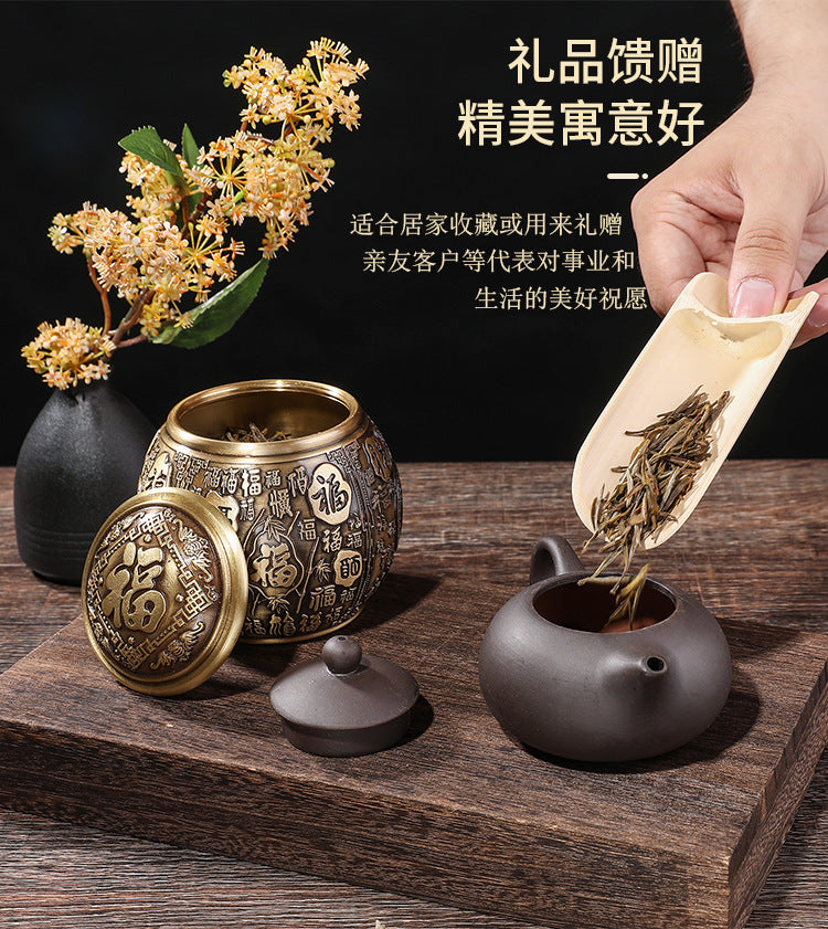 Brass Baifu cornucopia tea can with lid rice jar office small ornaments study decoration opening gift