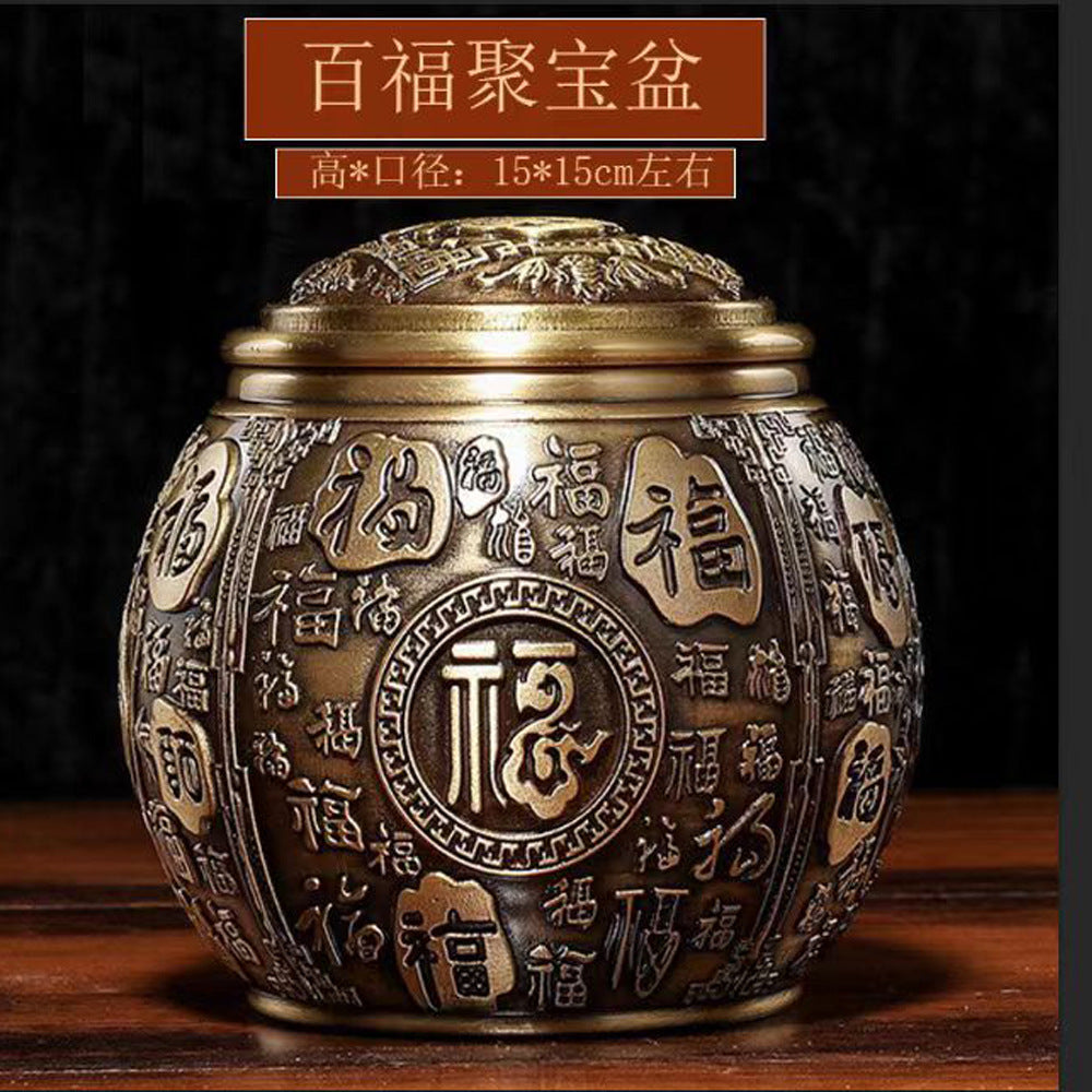 Brass Baifu cornucopia tea can with lid rice jar office small ornaments study decoration opening gift