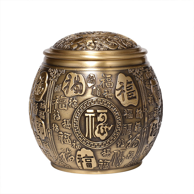 Brass Baifu cornucopia tea can with lid rice jar office small ornaments study decoration opening gift