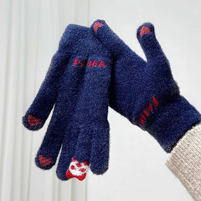 (1 Pair) Red Panda Cute Velvet Thickened Gloves for Students Cycling to Keep Warm and Cold-proof, Touch Screen for Daily Use at Home in Winter