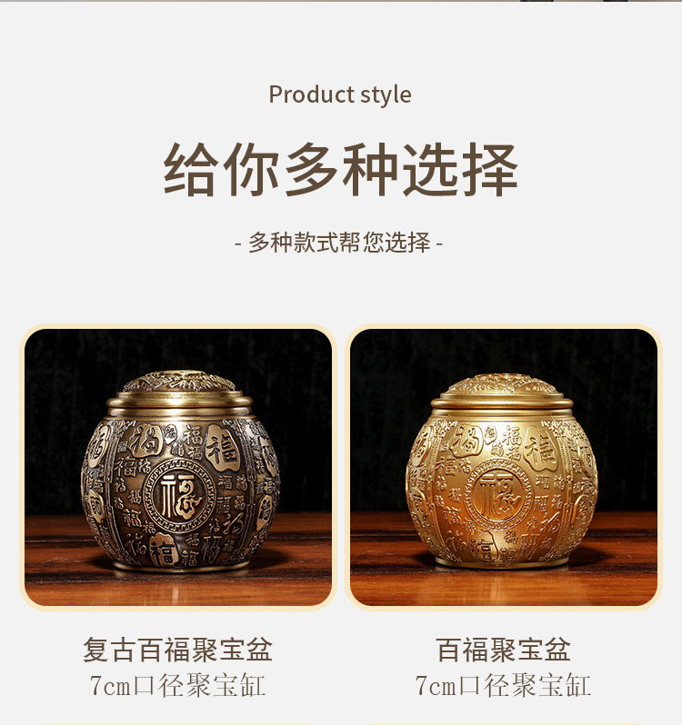 Brass Baifu cornucopia tea can with lid rice jar office small ornaments study decoration opening gift