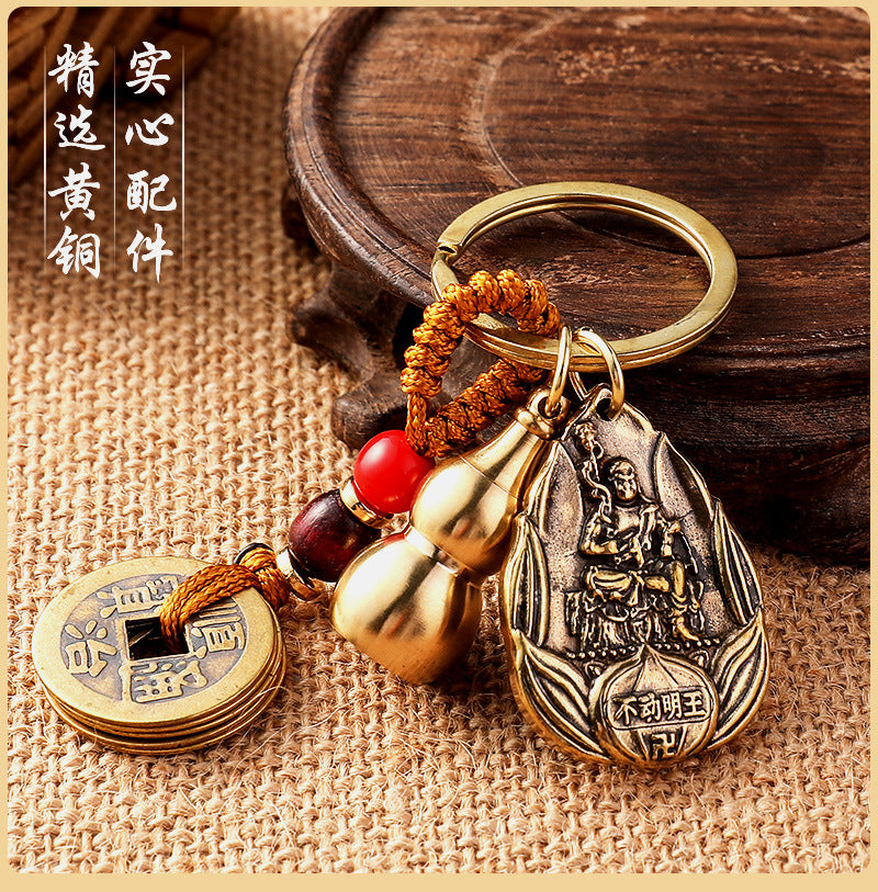 Brass eight guardian gods pendant accessories couple car keychain empty gourd with sand yellow rope five emperors money accessories