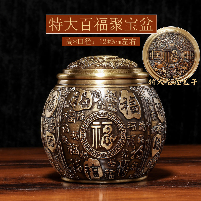 Brass Baifu cornucopia tea can with lid rice jar office small ornaments study decoration opening gift