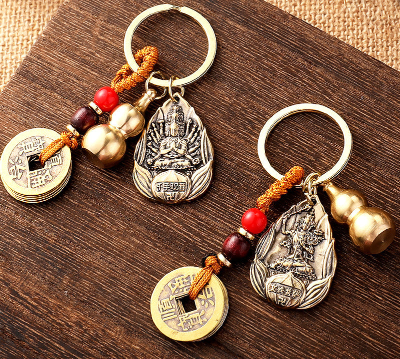 Brass eight guardian gods pendant accessories couple car keychain empty gourd with sand yellow rope five emperors money accessories