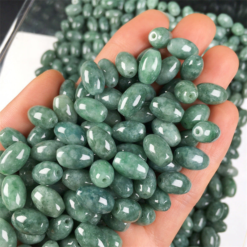 Jade a goods bean green long beads drum beads rice beads jade hand-woven diy bracelet hand string finished loose beads accessories goods jade accessories (1)