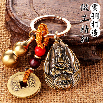 Brass eight guardian gods pendant accessories couple car keychain empty gourd with sand yellow rope five emperors money accessories