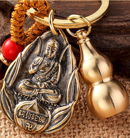 Brass eight guardian gods pendant accessories couple car keychain empty gourd with sand yellow rope five emperors money accessories