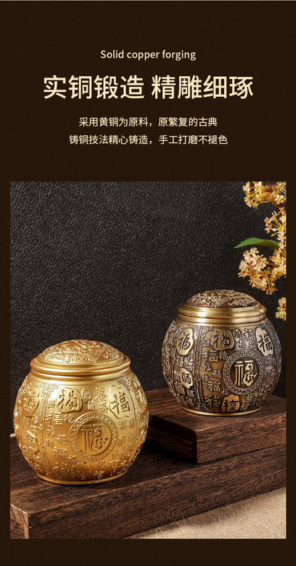 Brass Baifu cornucopia tea can with lid rice jar office small ornaments study decoration opening gift