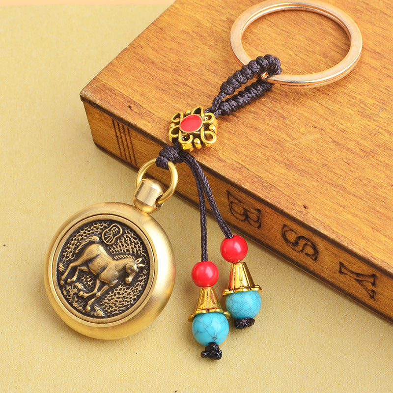 Brass zodiac money transfer handle pendant Chinese knot car keychain pendant decompression transfer retro key chain