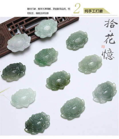 k030天然翡翠雕刻蓮花吊墜緬甸A貨手工藝品玉墜翡翠配件=(1包2件)