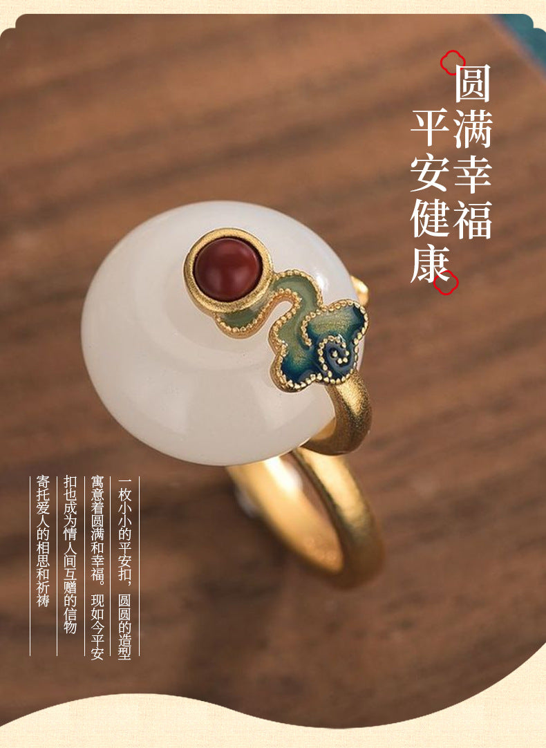 CP75平安扣指環古法金燒藍祥雲鍍金仿和田玉景泰藍古風飾品