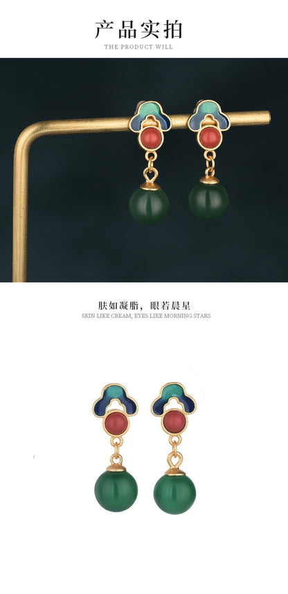 CP83 antique enamel colored copper gold-plated retro palace burnt blue beads Chinese style earrings