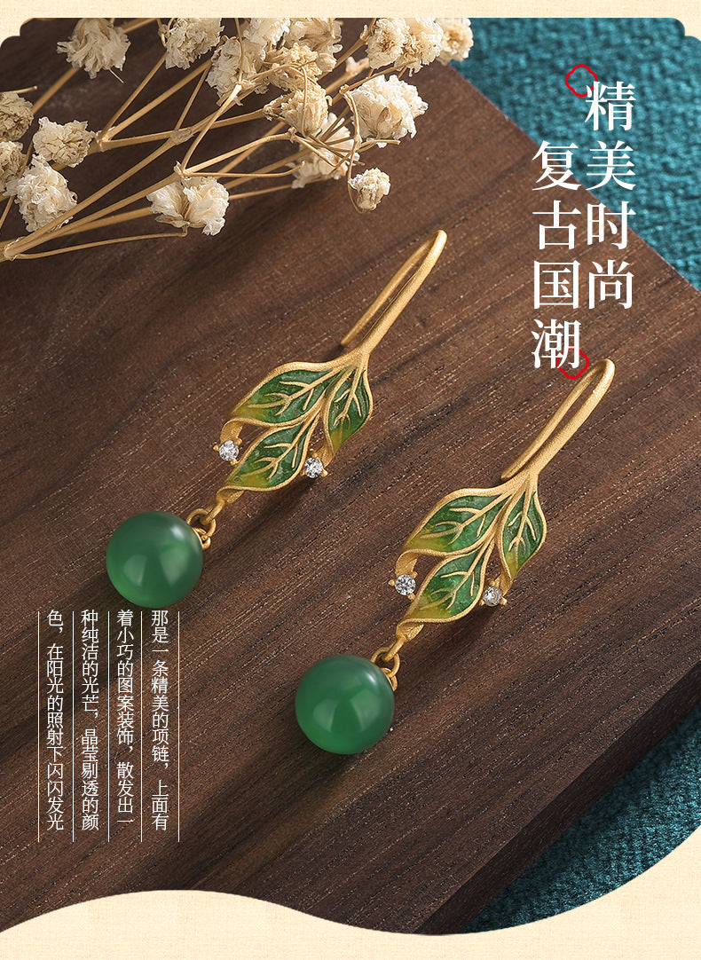 CP462古法镀金冷珐琅工艺叶子镶嵌玉髓中國風耳環