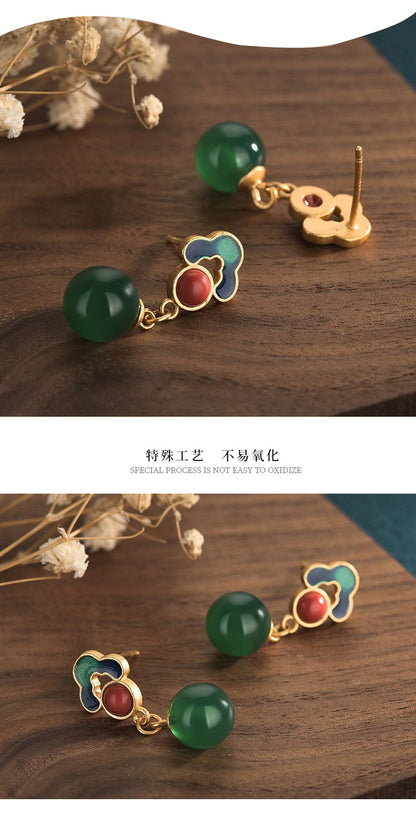 CP83 antique enamel colored copper gold-plated retro palace burnt blue beads Chinese style earrings