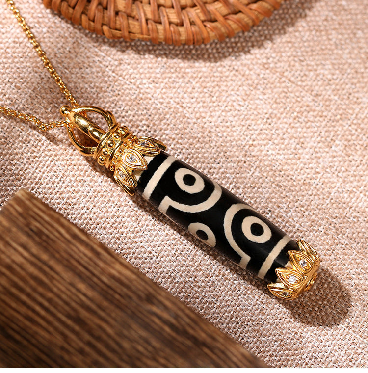 CP811 Nine-Eyed Dzi Bead Vajra Subduing Demonic Pestle Ancient Method Gold-plated Inlaid Tibetan Agate Necklace Ancient Style Ornament/1