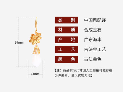 CP758古法鍍金鑲嵌仿和田玉蓮花中國風耳環