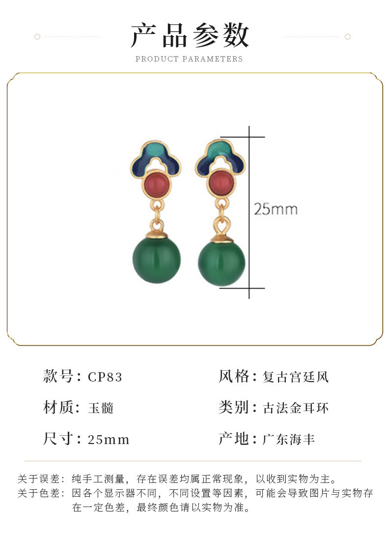 CP83 antique enamel colored copper gold-plated retro palace burnt blue beads Chinese style earrings